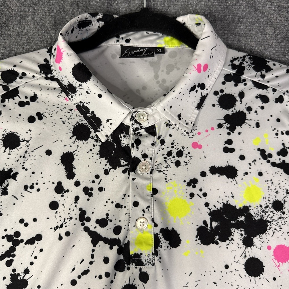 Sunday Swagger Polo Shirt Mens XL White Splatter Paint Golf Jersey Performance
